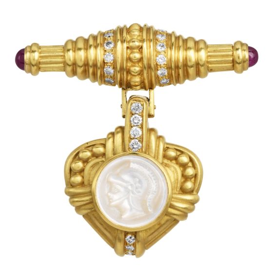 Judith Ripka  Diamond Mother of Pearl 18K Gold Brooch Pendant