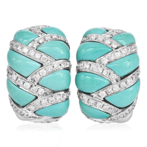 Designer Italian Diamond Turquoise 18K White Gold Braided  Earrings