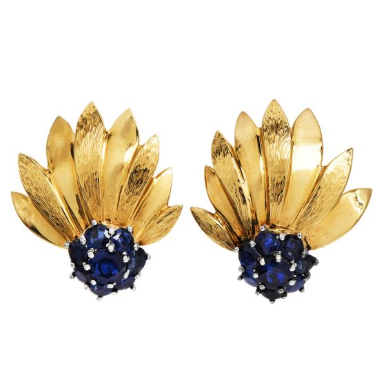 Vintage chic sapphire 18k Yellow Gold Floral Leaf Clip  Earrings