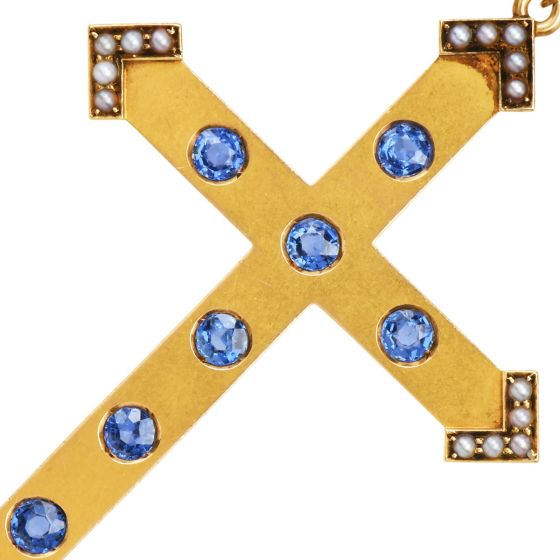 Antique Sapphire & Seed Pearl 14K Gold Cross Pendant