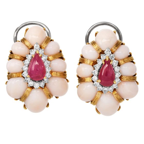 1970s Ruby, Diamond & Angel-Skin Coral Cocktail Earrings in 18K Yellow Gold