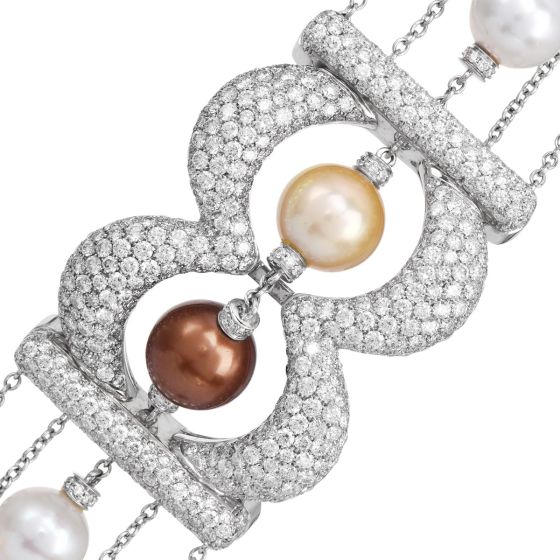 14K White Gold Pearl 20.64cts Diamond Multi-Row Statement Bracelet |Dover Jewelry|