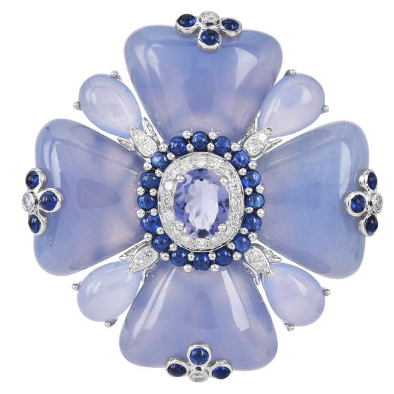 Estate Floral Chalcedony Tanzanite Sapphire Diamond 18K White Gold Pin Brooch