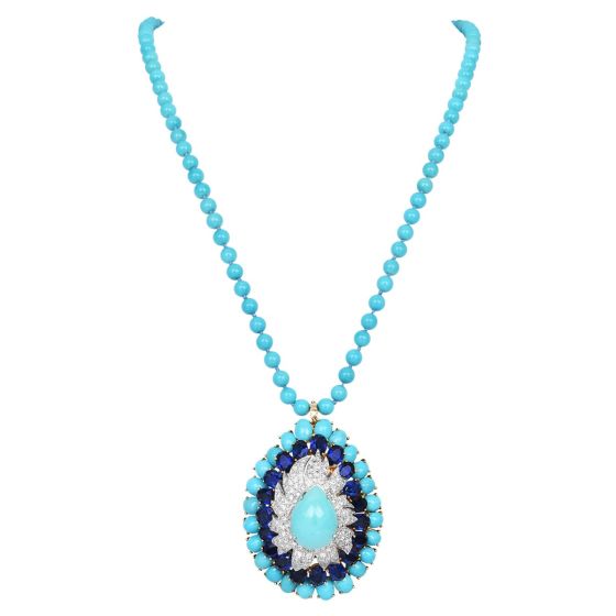 Turquoise Diamond & Sapphire 18K Gold Convertible Necklace Brooch