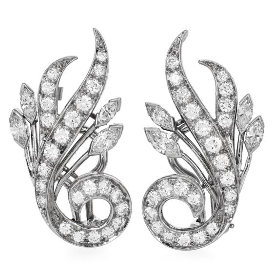Vintage Deco Platinum Diamond Floral Clip-On Earrings 
