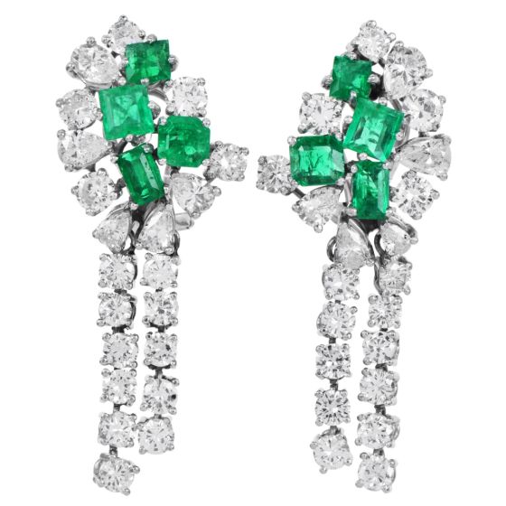 Emerald & Diamond 9.00cts Statement Drop 18K White Gold Earrings 