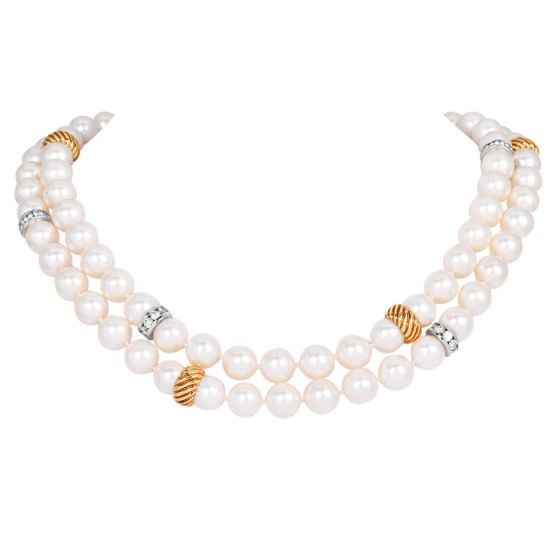 Estate 1960s 7.50cts Diamond Pearl 18K Gold Long Statement Necklace|Dover Jewelry|