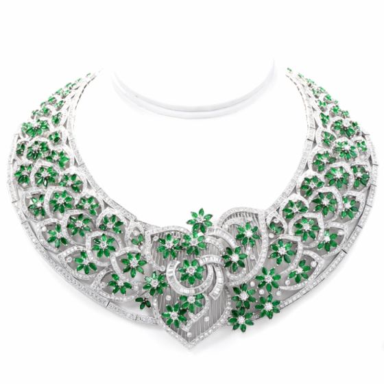 Remarkable Hand Crafted Diamond Emerald 18K Gold Collar Necklace 