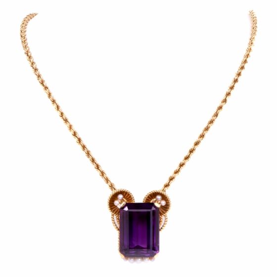 Gueblin Vintage Retro Amethyst Seed Pearl Gold Pendant Necklace