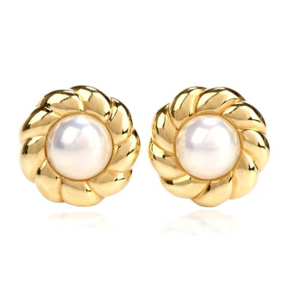 Mikimoto Pearl 18K Yellow Gold Flower Earrings 