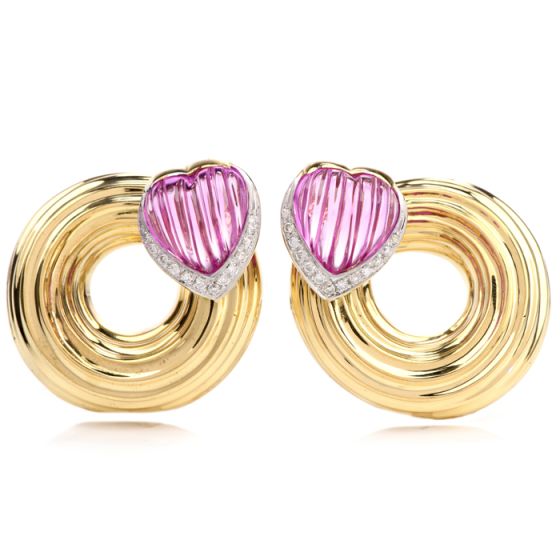 1980s Heart Turmaline Diamond 18K Gold Swirl Clip On Earrings