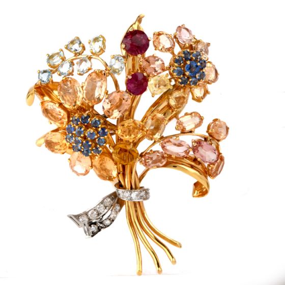 Vintage Diamond Sapphire 18K Gold Flower Bouquet Clip Brooch-pin