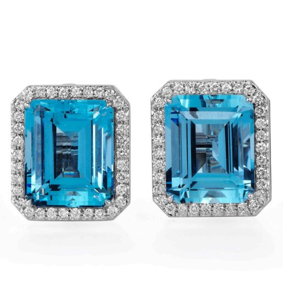 Sabbadini Aquamarine Diamond Platinum Large Emerald Cut Clip Earrings