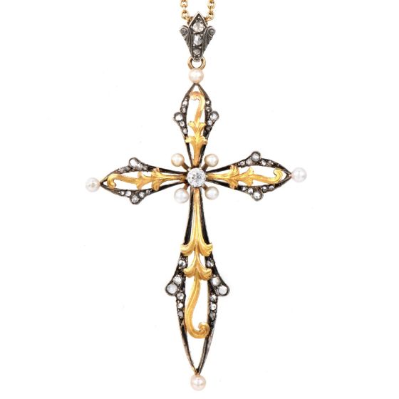 Vintage Diamond Pearl 18K Gold Cross Pendant|Dover Jewelry|