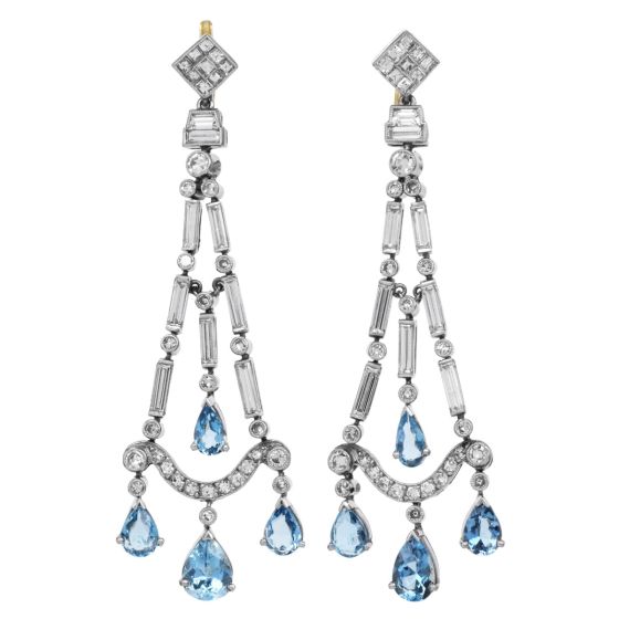 Vintage Aquamarine & Diamond 6.22 Carats Platinum Chandelier Earrings