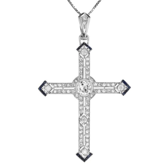 Vintage Diamond & Sapphire Platinum Deco Cross Pendant