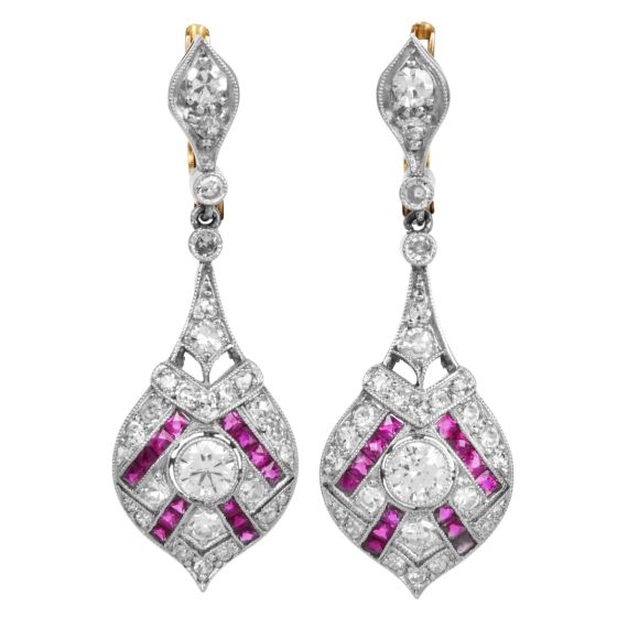 Diamond Ruby Platinum 18K Gold Drop Earrings