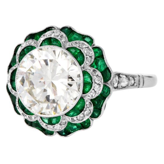  3.21 Carat Diamond & Emerald Platinum Filigree Engagement Ring