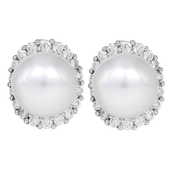 12mm Pearl  Diamond 18K White Gold Halo Stud Earrings