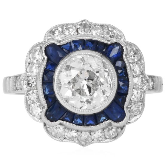 1.42ct Old European Cut Diamond & Sapphire Engagement Platinum Ring