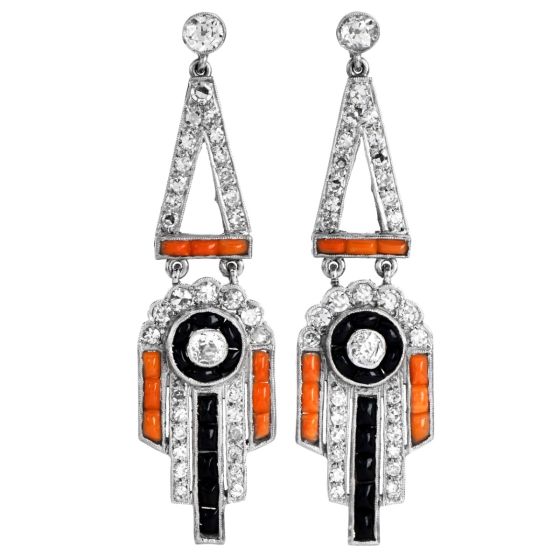 Estate Coral Onyx & Diamond Art Deco Style Platinum Dangle Earrings