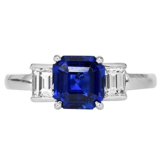 GIA 2.41cts Asscher-Cut Ceylon Sapphire Diamond Platinum Three Stone Ring 