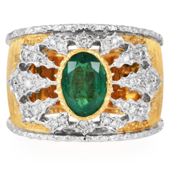  Mario Buccellati Emerald Diamond 18K Wide Statement Ring