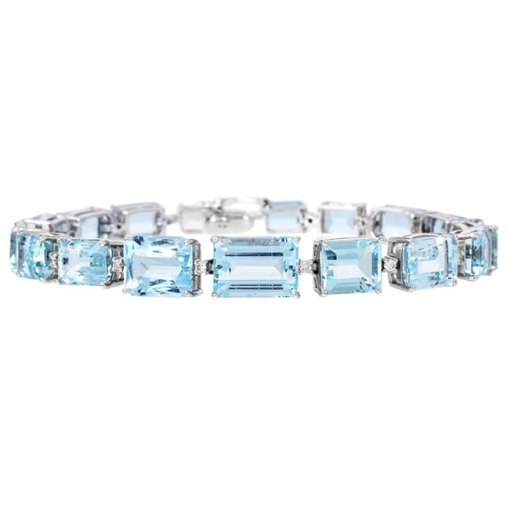 Natural Aquamarine 31.81cts Diamond 18K Gold Graduating Tennis Bracelet|Dover Jewelry|