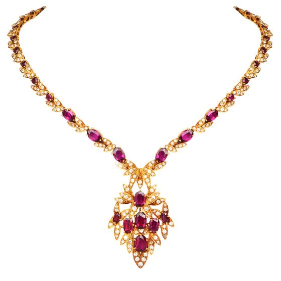 Vintage Italian Diamond Ruby 18K Yellow Gold Floral Leaf Pendant Necklace