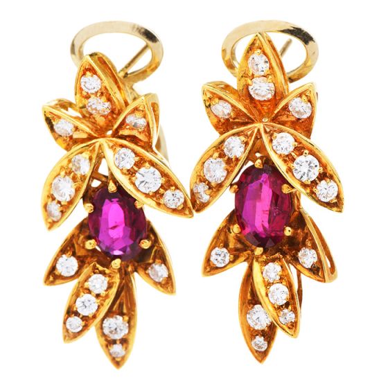 Vintage Italian Diamond Ruby 18K Yellow Gold Dangle Leaf Floral Clip-On Earrings
