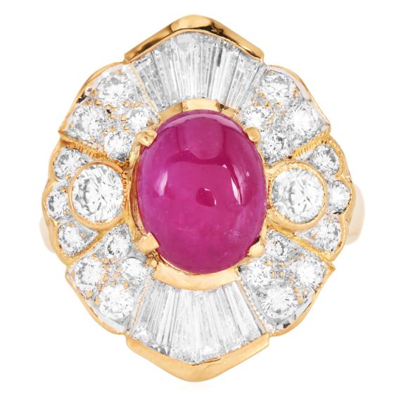 Estate Cabochon Ruby 6.52cts Diamond 18K Gold Cocktail Ring-Dover Jewelry