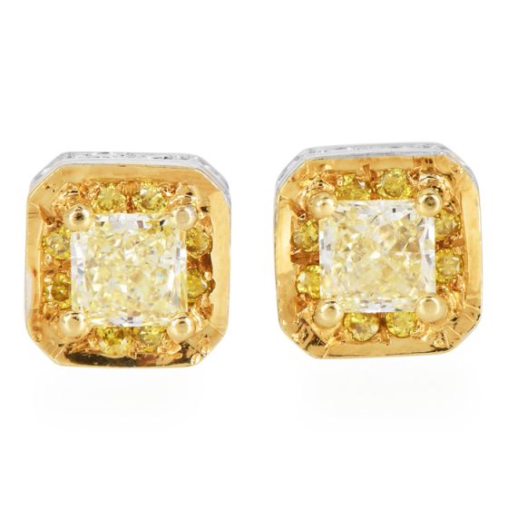 Estate 0.75cts Fancy Yellow Diamond 18K Cushion Earring Studs|Dover Jewelry|