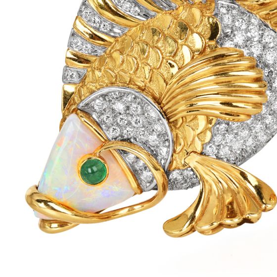 Vintage Diamond Opal 18K Gold Intricate Fish Pendant Brooch|Dover Jewelry|
