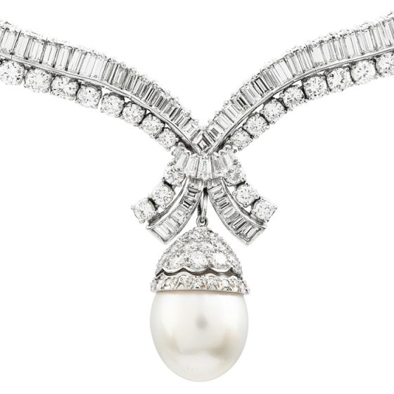 25.30cts Diamond South Sea Pearl Platinum Dangle Choker Necklace 