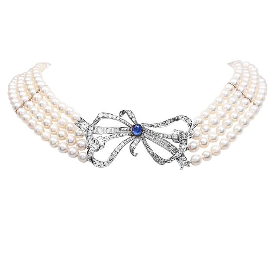 Vintage Diamond Sapphire Platinum Bow Pendant Multi Strand Pearl Necklace