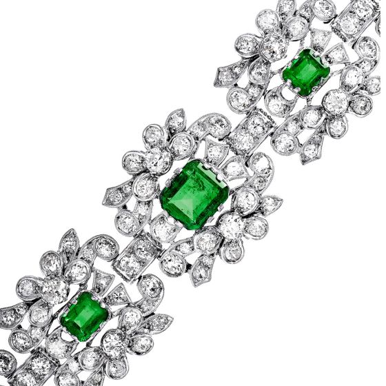 Vintage Diamond Colombian Emerald Platinum Flower Link Bracelet