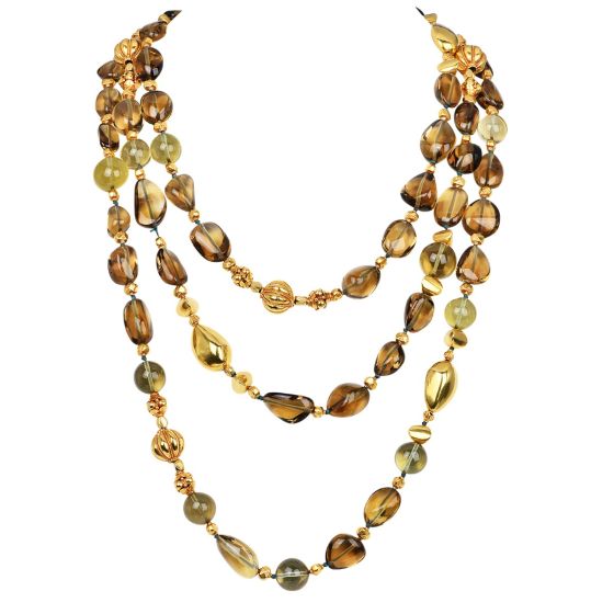 Verdura Extra Long Smoky Quartz 18K Gold Beaded Necklace