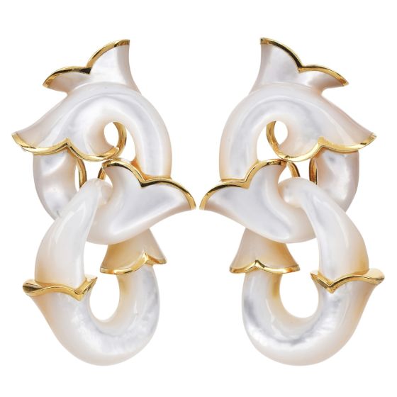 Angela Cummings Mother-of-Pearl Floral 18K Gold Link Drop Earrings