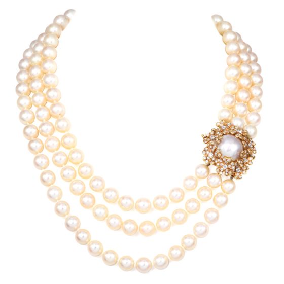 David Webb Diamond Pearl 18K Yellow Gold Flower Clasp Triple Strand Necklace