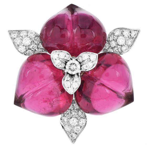 Estate Sugarloaf Carved Tourmaline Diamond 18K Brooch Pin-Dover Jewelry