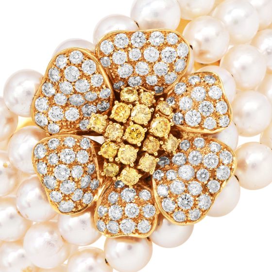 Diamond Flower 5Rows Pearl 18K Yellow Gold Cuff Bracelet |Dover Jewelry|