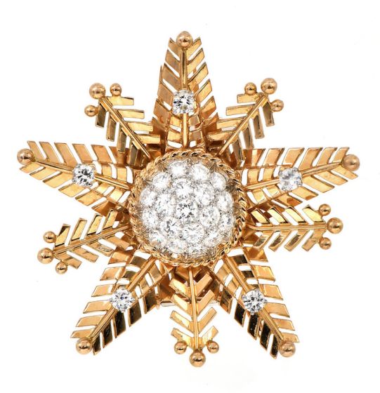 Vintage French Snowflake 18K Rose Gold Diamond Cluster Pin| Dover Jewelry 