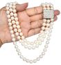 Estate Cluster Diamond Pearl Gold Clasp Three Strand Necklace