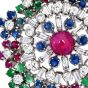 1960S Circular Cluster Ruby Sapphire Diamond Clip 18k Gold Brooch Pin