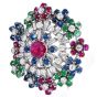 1960S Circular Cluster Ruby Sapphire Diamond Clip 18k Gold Brooch Pin