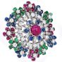1960S Circular Cluster Ruby Sapphire Diamond Clip 18k Gold Brooch Pin