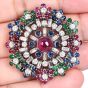 1960S Circular Cluster Ruby Sapphire Diamond Clip 18k Gold Brooch Pin