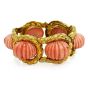 TRIO Vintage Carved Pink Coral 18K Yellow Gold Shell Large Link Bracelet