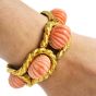 TRIO Vintage Carved Pink Coral 18K Yellow Gold Shell Large Link Bracelet