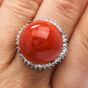 Estate  18mm Natural Red Coral Diamond Halo  Platinum Cocktail Ring